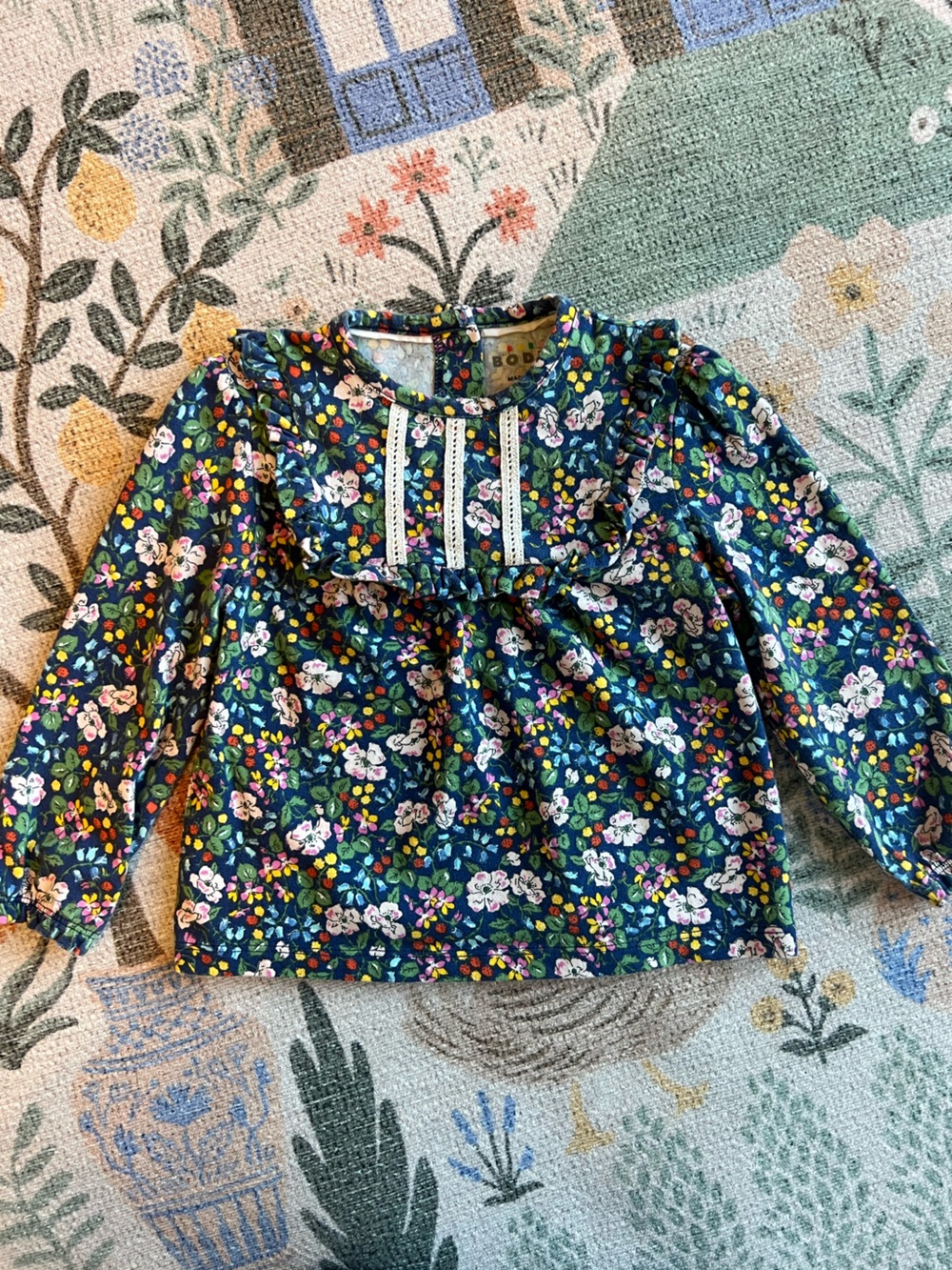Baby Boden Navy Floral Ruffle Yoke Long-Sleeve Top